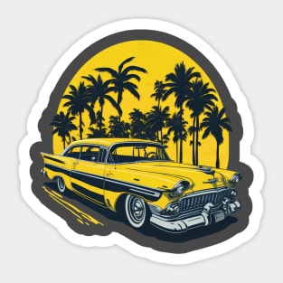 yellow classic car 1960s with palm trees at sunset Sticker